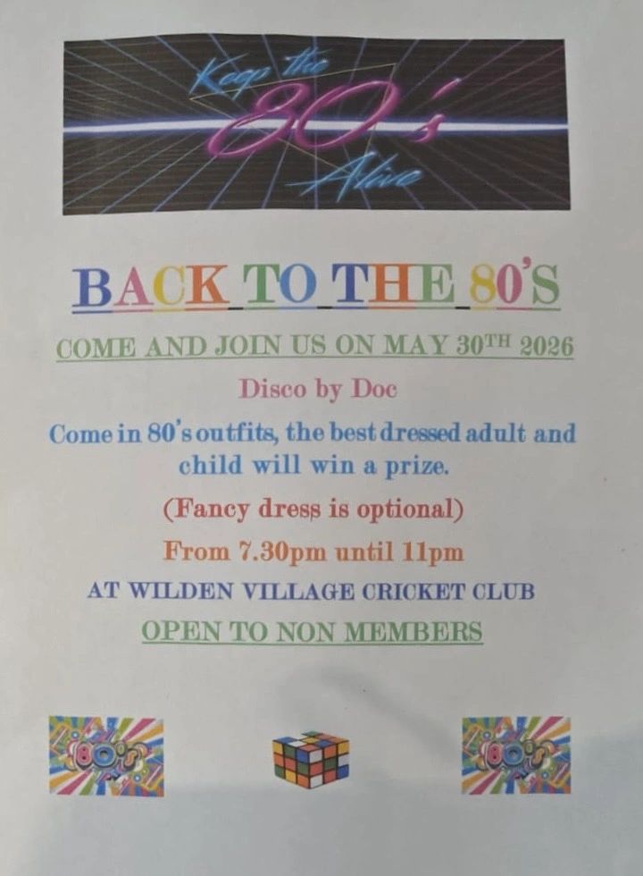 Colorful flyer for an 80s-themed disco event on May 30, 2026.