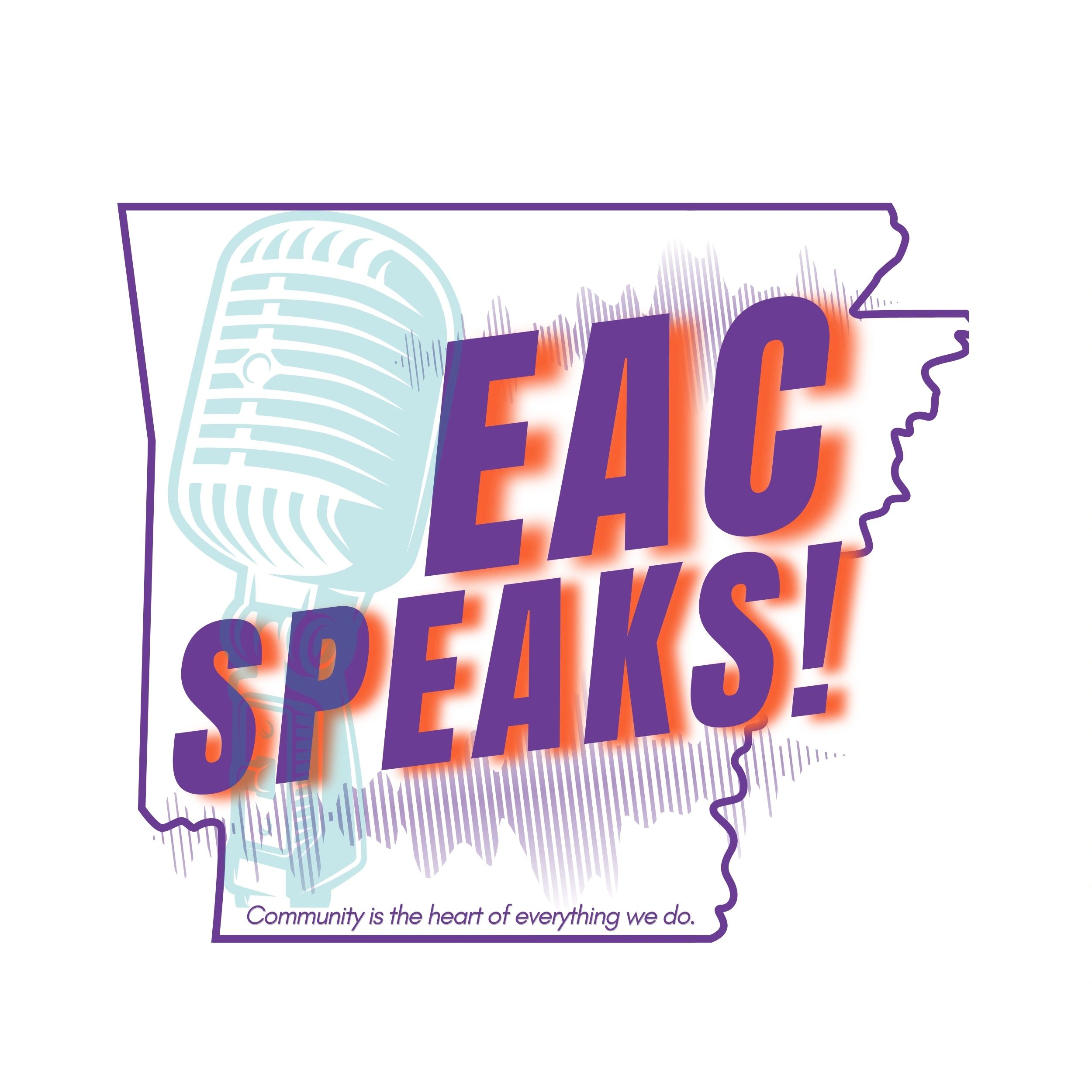 Logo of EAC Speaks with a microphone inside Arkansas outline.