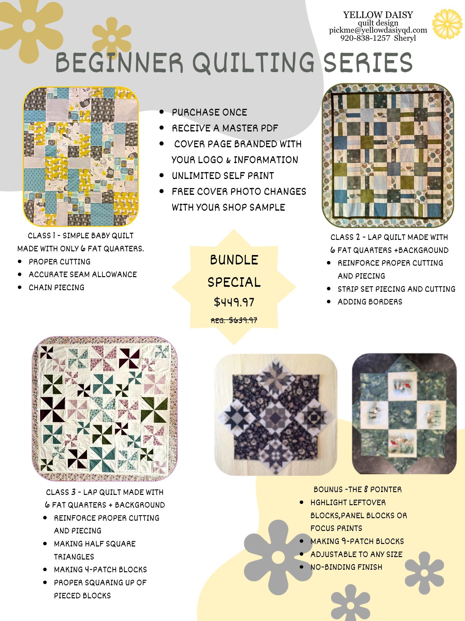 Beginner quilting series with classes on baby and lap quilts, offering cutting, piecing, and finishing techniques.