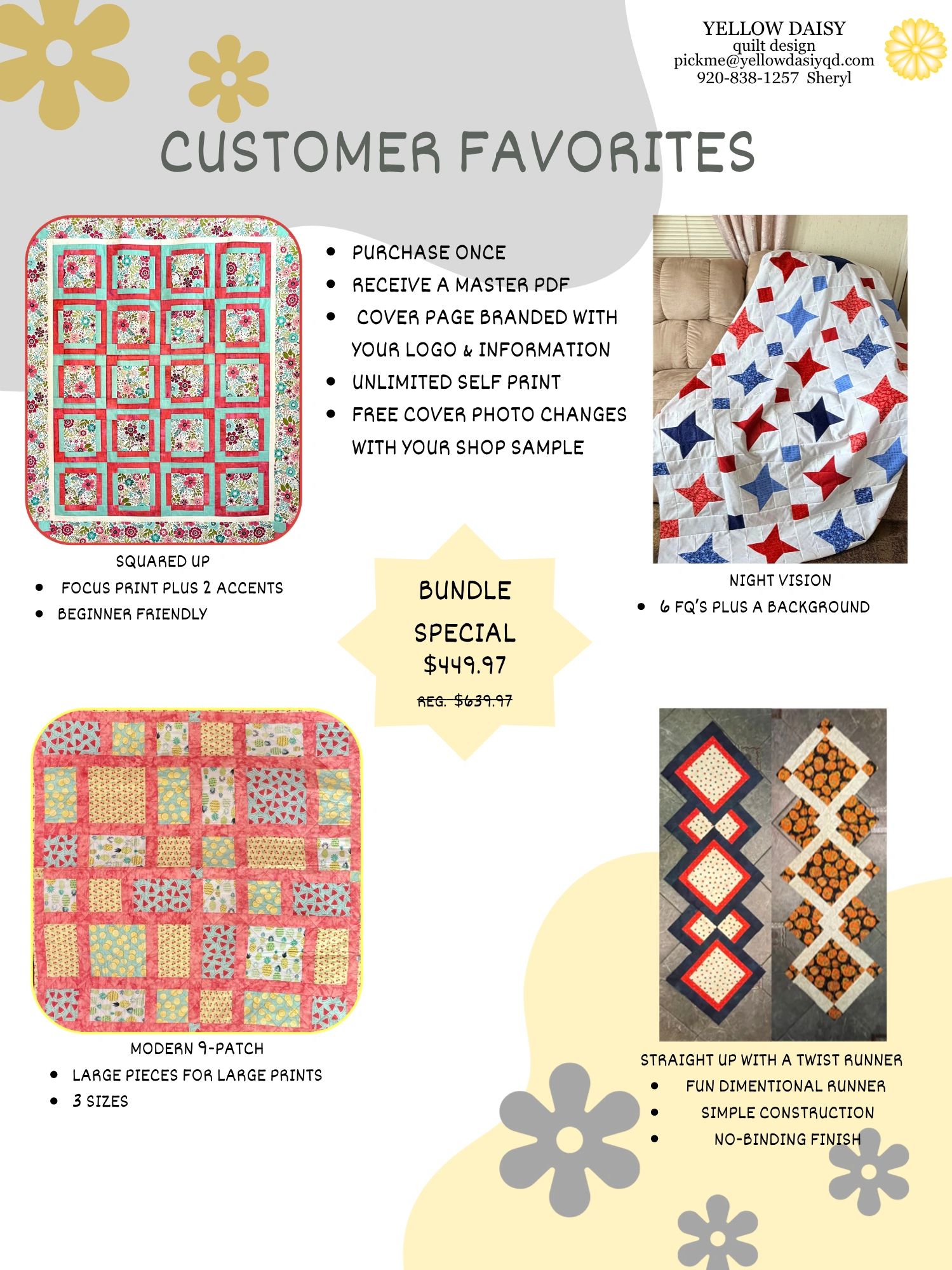 Quilt designs with customer favorites and bundle special offer from Yellow Daisy Quilt Design.
