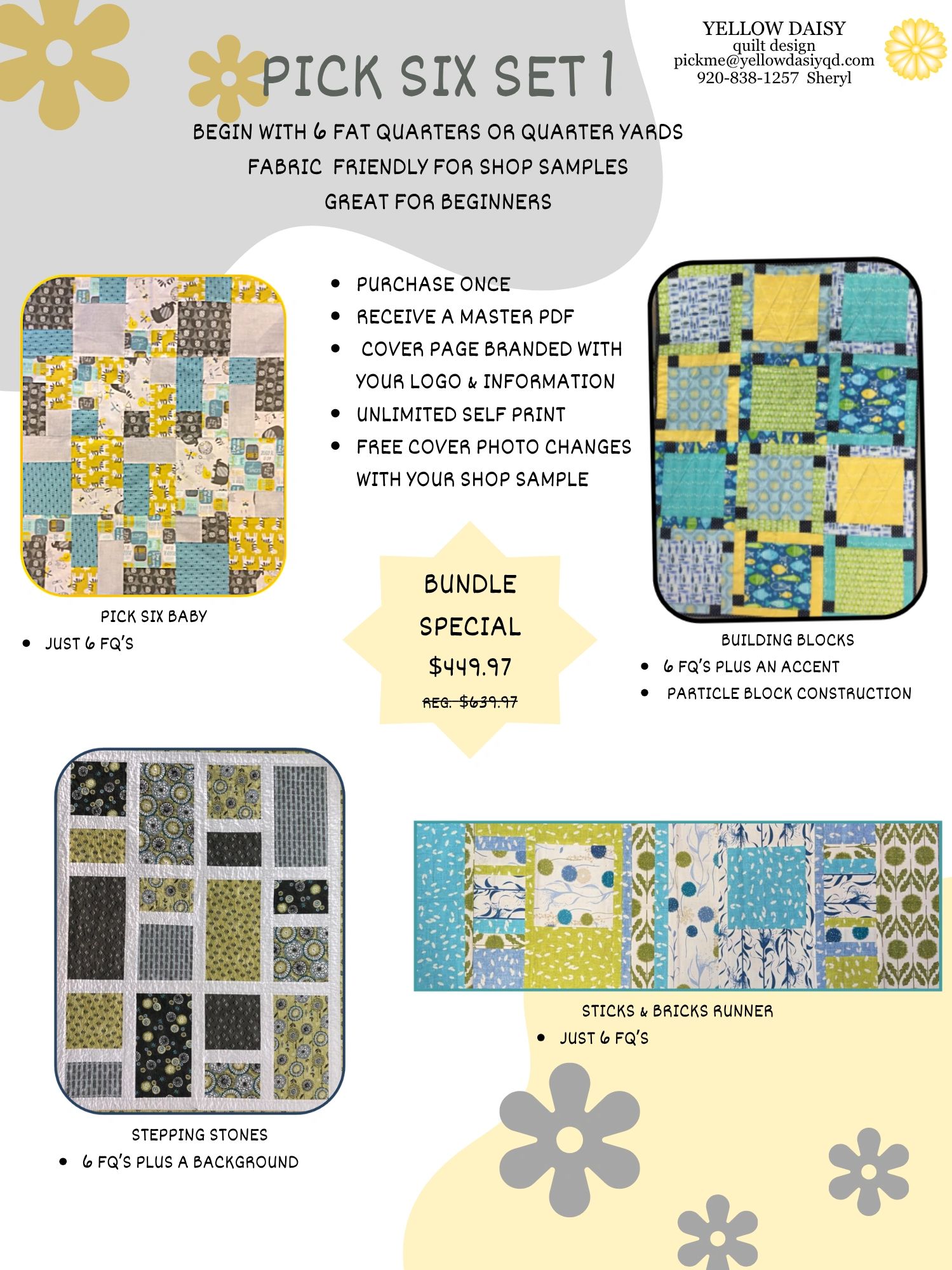 Quilt bundle featuring six fat quarter sets with beginner-friendly designs and unlimited self-print rights.