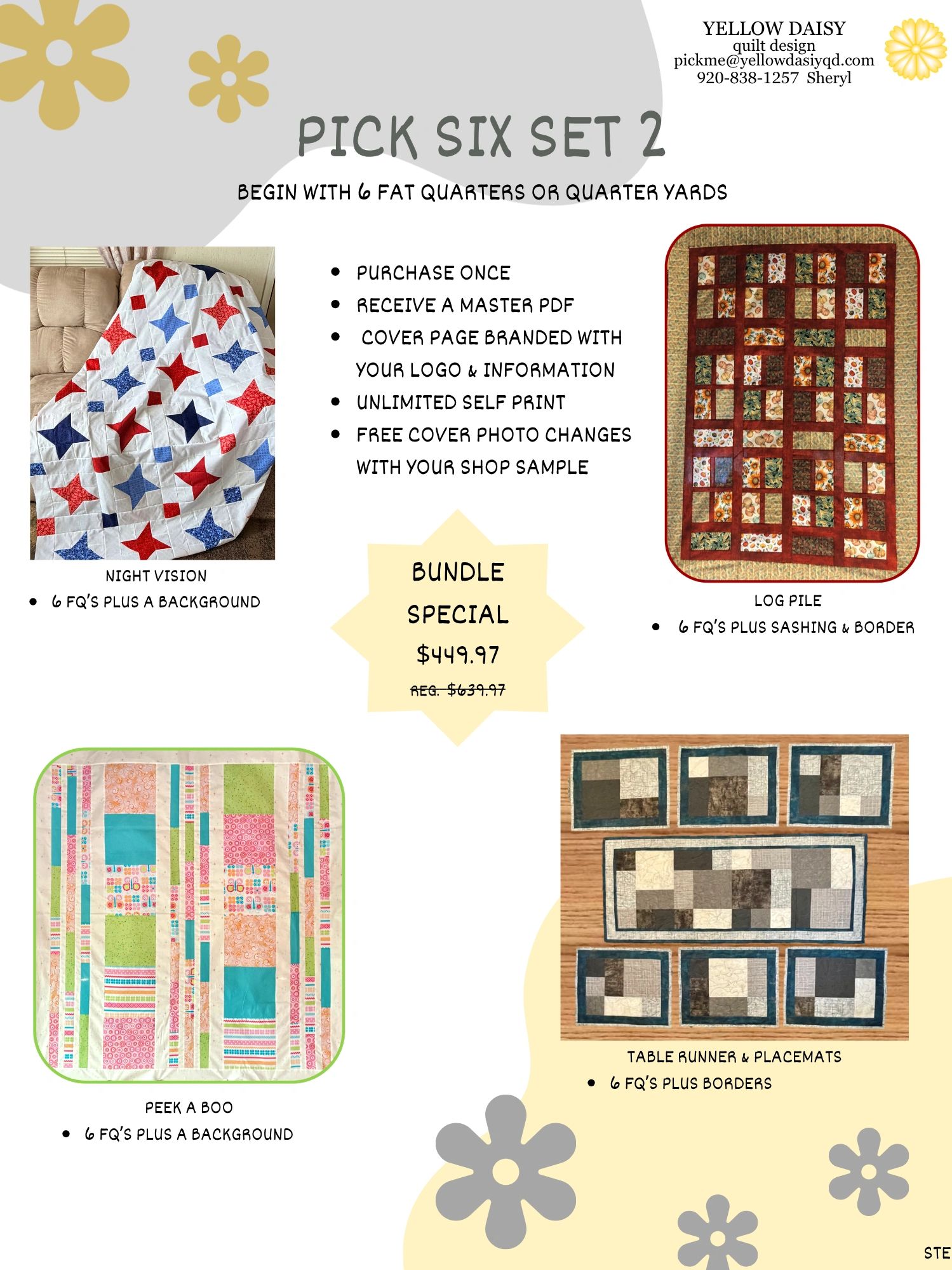 Quilt designs bundle with six fat quarters and various patterns.