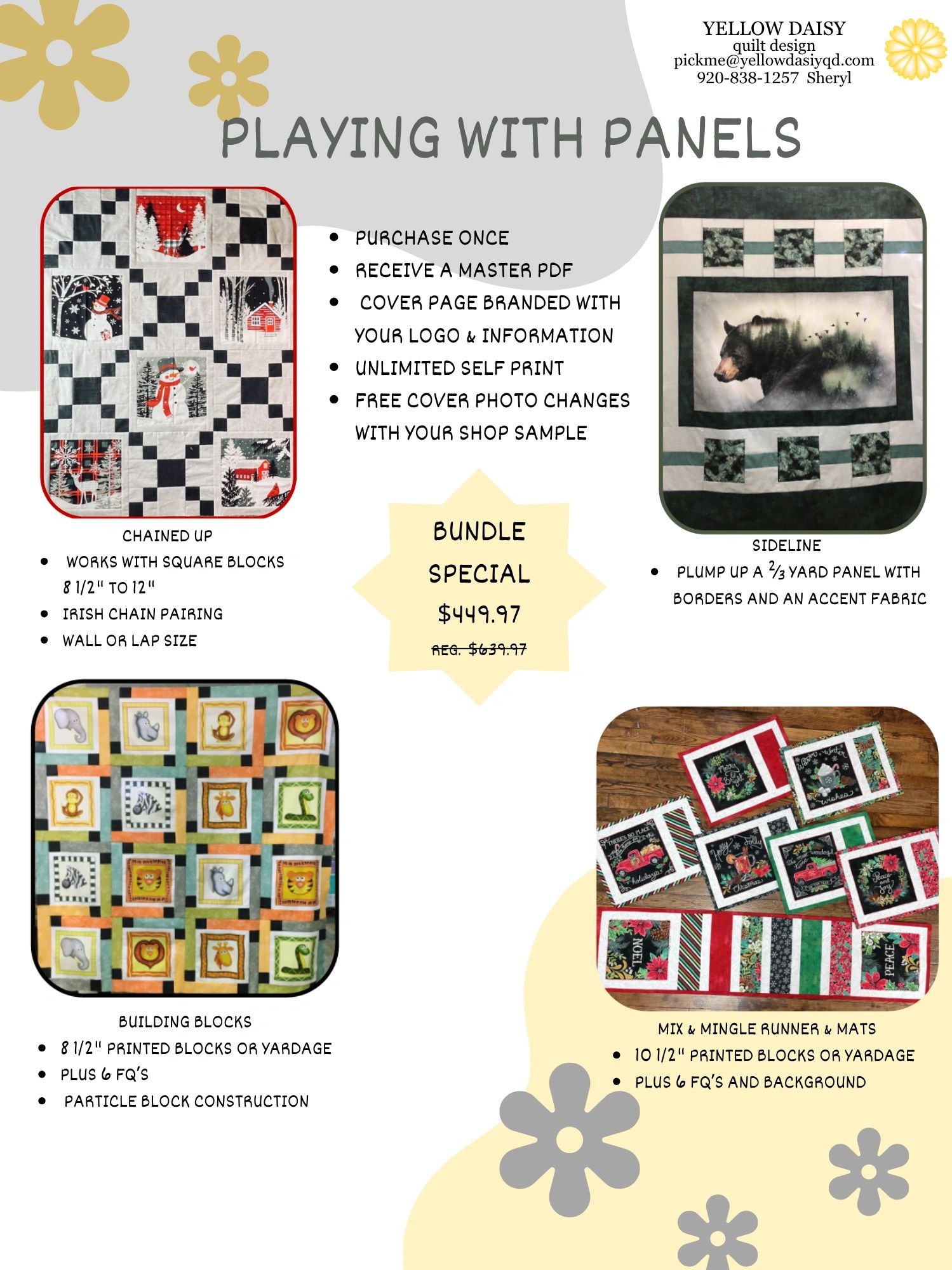 Quilt panel designs with various patterns and a special bundle offer from Yellow Daisy.