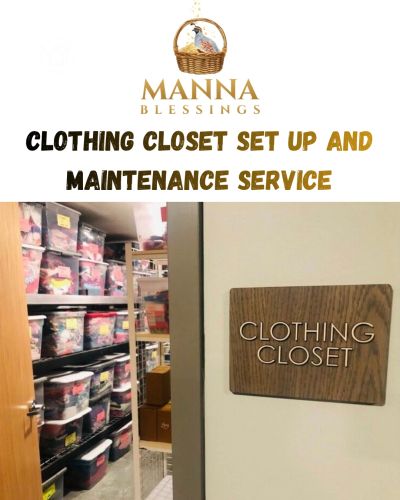Clothing closet organized with labeled storage bins.