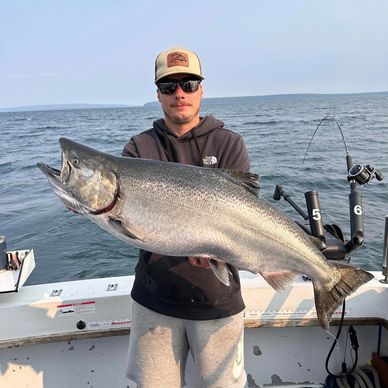 Giant muskie smacks salmon lure along South Shore of Lake Superior
