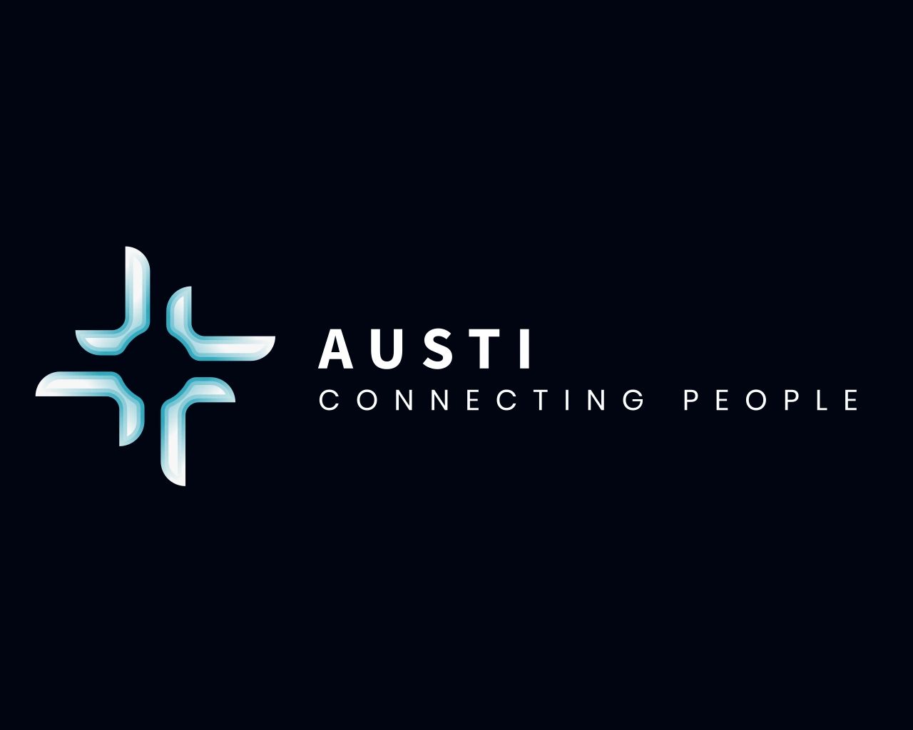 Modern logo with blue abstract symbol and text 'AUSTI CONNECTING PEOPLE' on black background.
