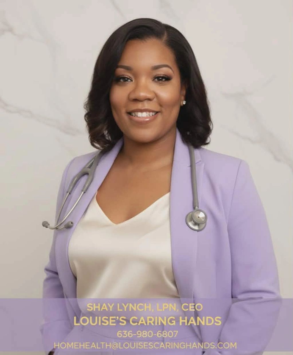 Professional nurse smiling confidently with stethoscope and lavender blazer.