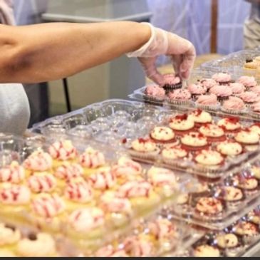 Person arranging assorted colorful cupcakes in plastic trays.