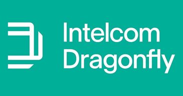 Intelcom Dragonfly logo on teal background.