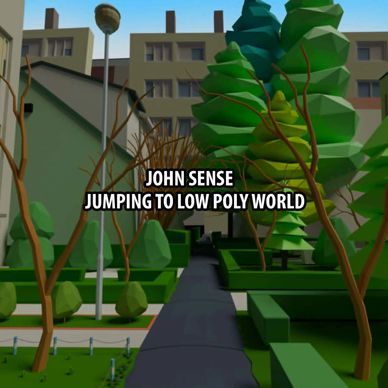 Laagpoly 3D-stadszicht met tekst.