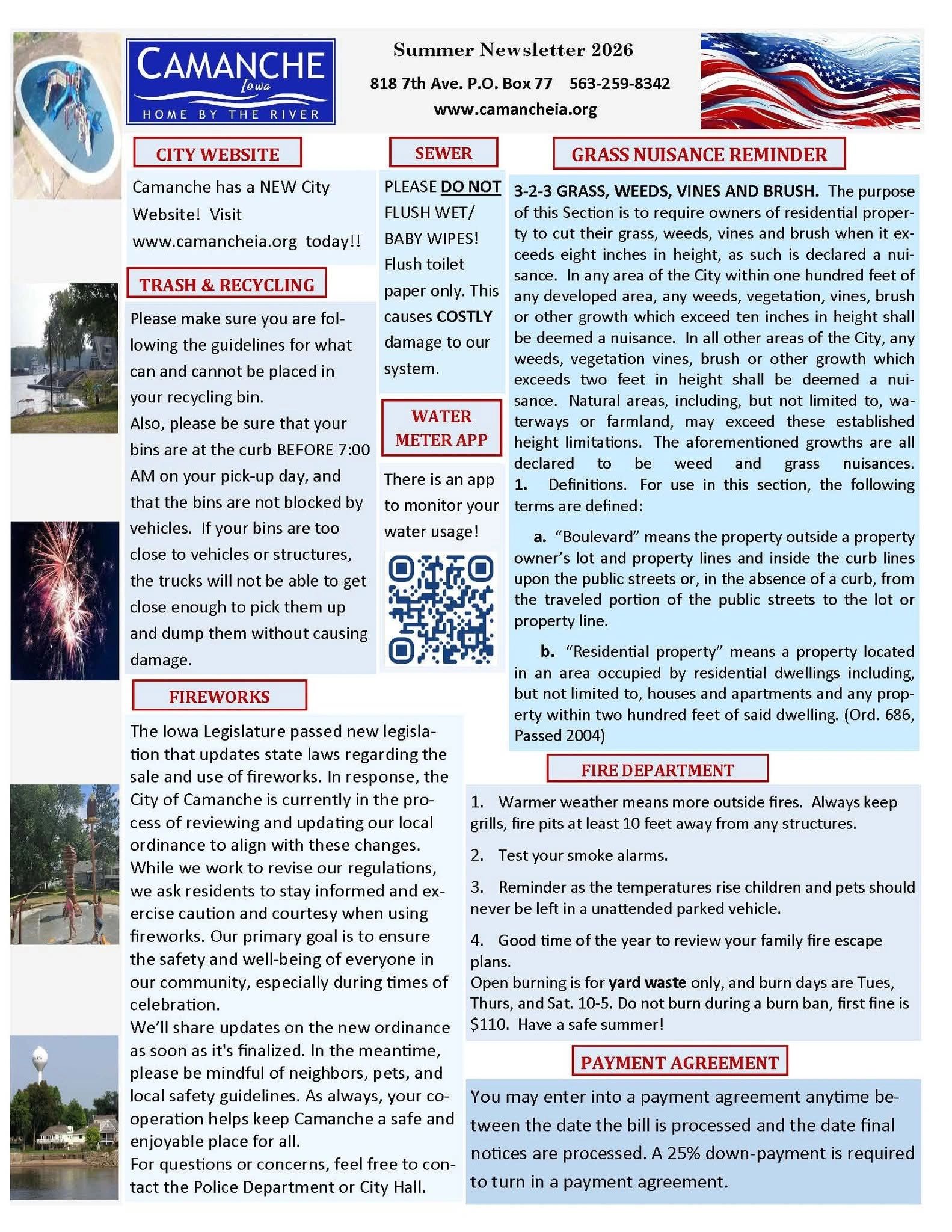 Summer newsletter for Camanche, Iowa community updates and reminders.