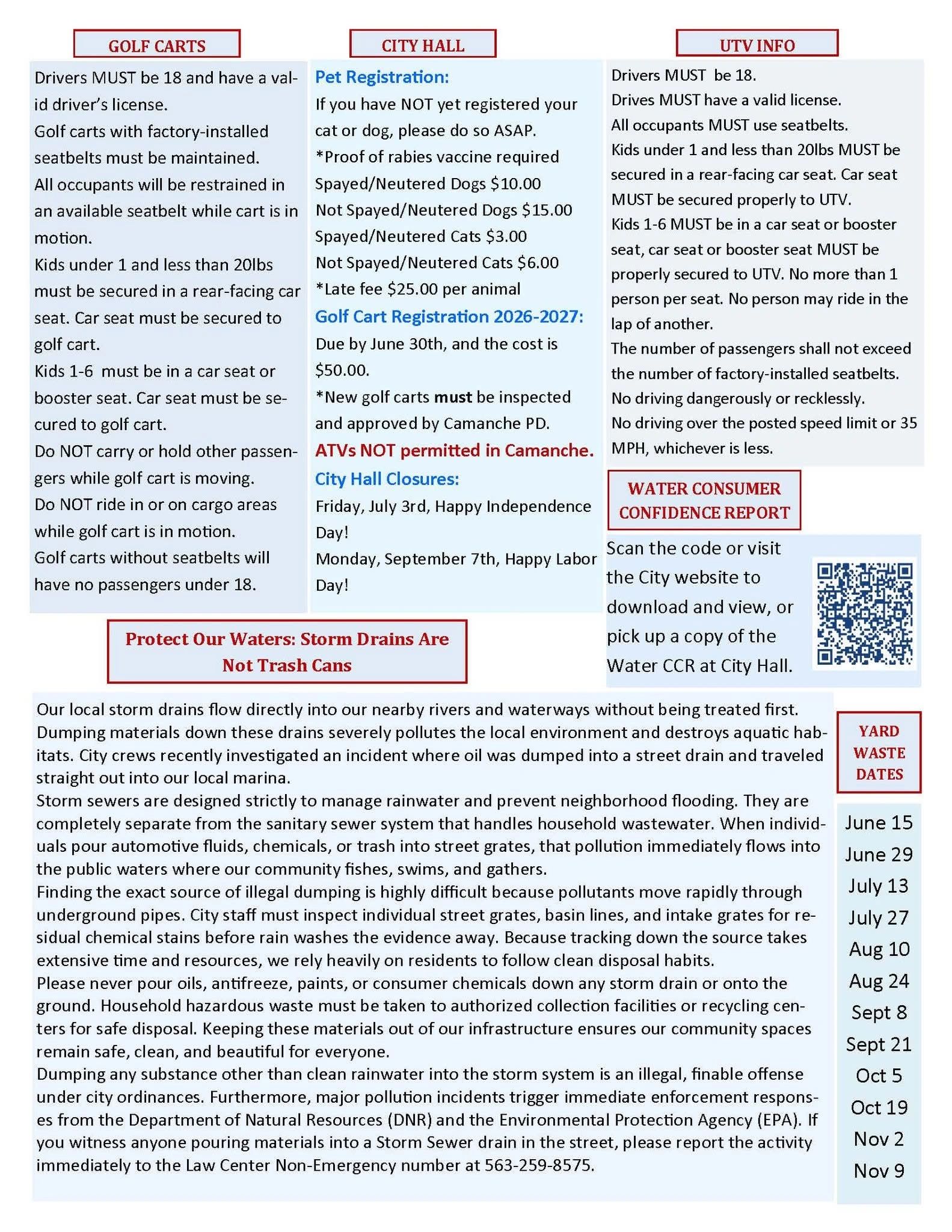 Park and city rules for golf carts, UTVs, pet registration, and storm drain safety.