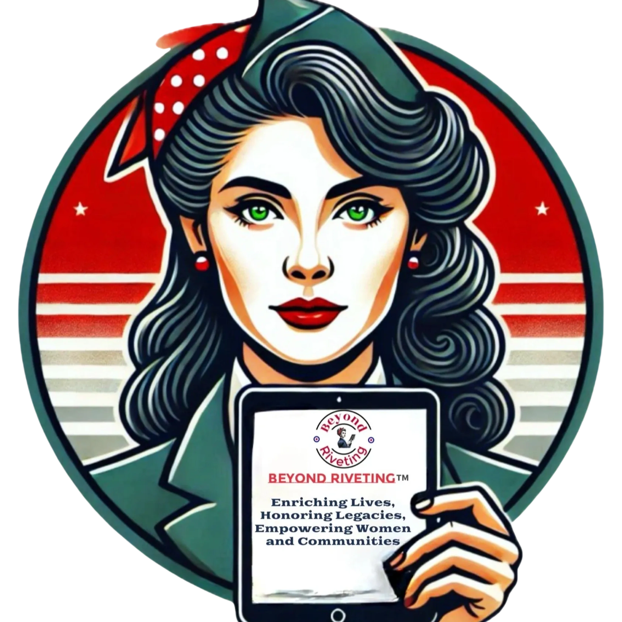 Illustration of a confident woman holding a tablet with a message empowering women and communities.