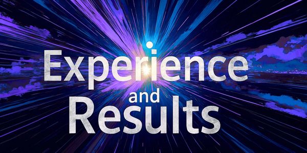 Text saying 'Experience and Results' with a dynamic blue and purple background.