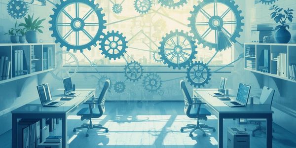 Modern office with large gears on the wall and desks with laptops.