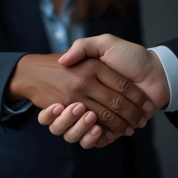 Two people in business attire shaking hands in agreement.