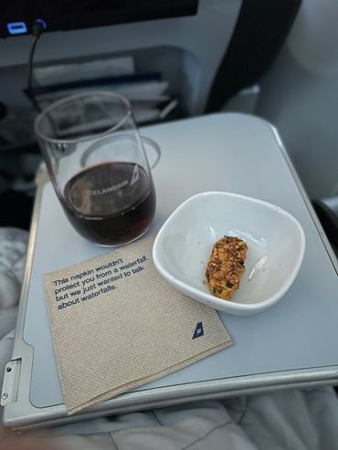 picture of snack and glass of red wine on an airplane