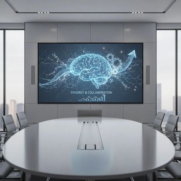 Modern conference room with a big screen showing brain-themed synergy and collaboration concept.
