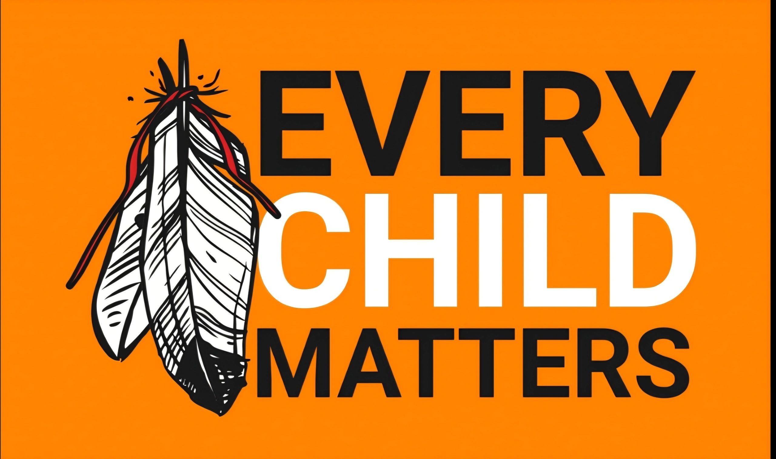 Illustration with feathers and the text 'Every Child Matters' on an orange background.
