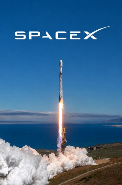 SpaceX rocket launching into a clear blue sky over the ocean.