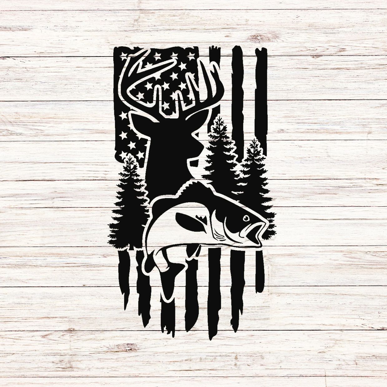 Black silhouette of deer, fish, and trees with American flag background.
