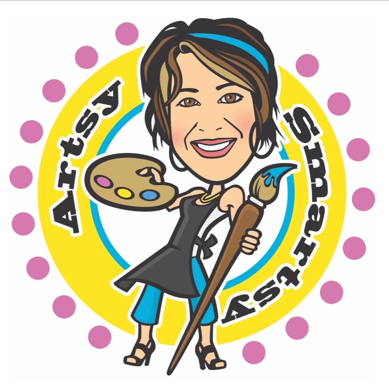 Artsy smartsy bright colored logo caricature of Tina ferguson with a paint brush and palette.