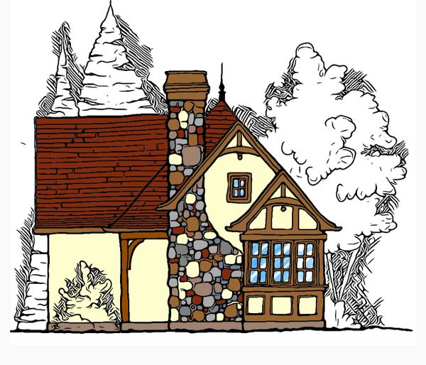 Digital architectural sketch of a small cottage with browns and cream colors. Black and white backgr