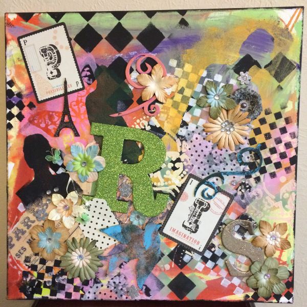 Paris painted decoupage art 24x24 with many bright pastel colors and black checkered patterns 