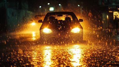 Car driving through heavy rain at night with headlights on.