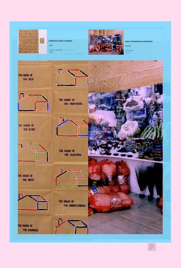 Obra de arte dividida entre diagramas e mercado.