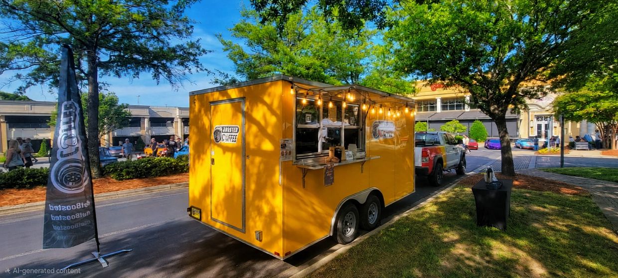 Bright yellow coffee trailer with string lights in a sunny outdoor setting.