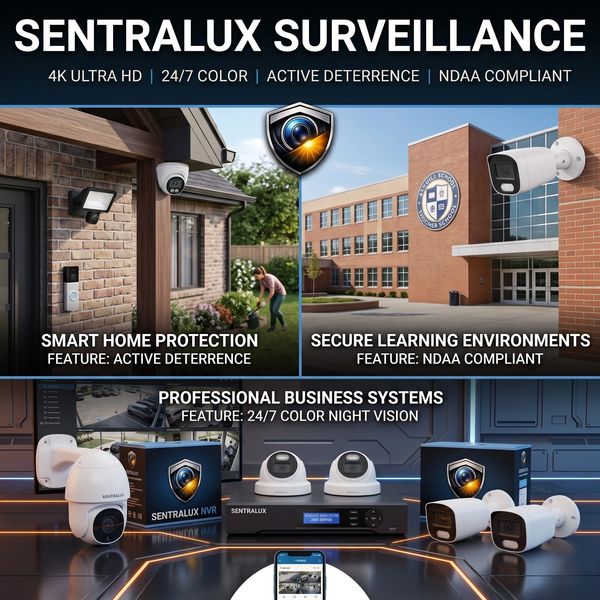 Sentralux Surveillance offers 4K HD cameras for homes, schools, and businesses with active deterrence and NDAA compliance.