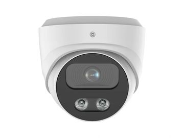 Modern white dome security camera with dual lenses and LED lights.