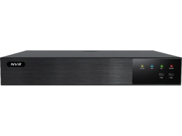Front view of a sleek black NVR security device with indicator lights.