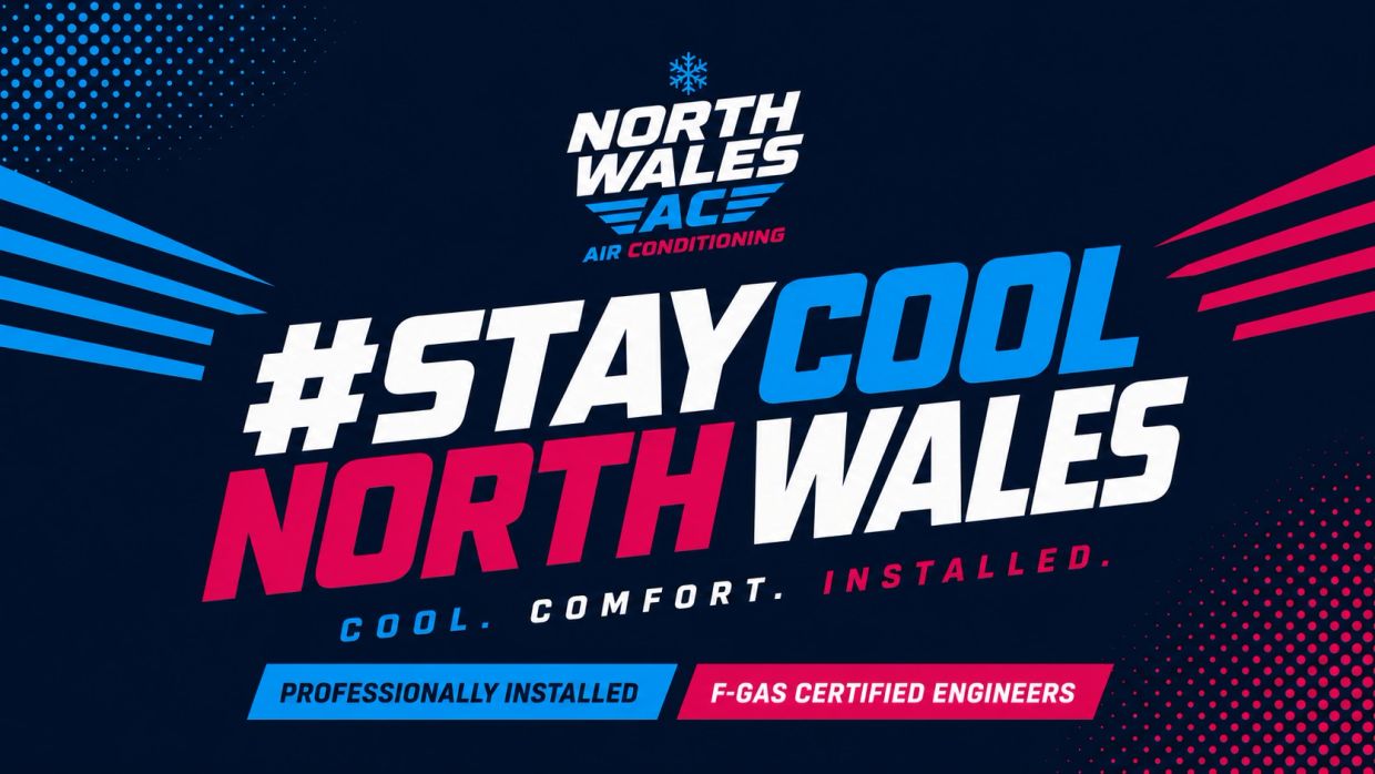 Advertisement for North Wales AC air conditioning with #StayCoolNorthWales slogan.