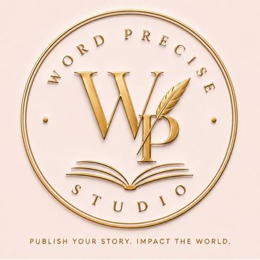 Golden emblem of Word Precise Studio with a feather and book design.