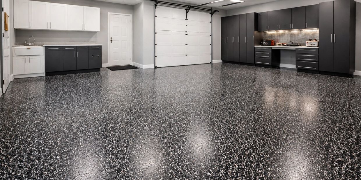 Clean and modern garage with cabinets and speckled floor.