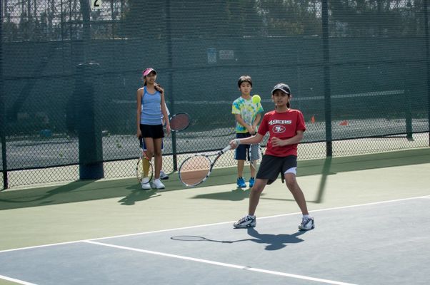 Kids in a tennis lesson