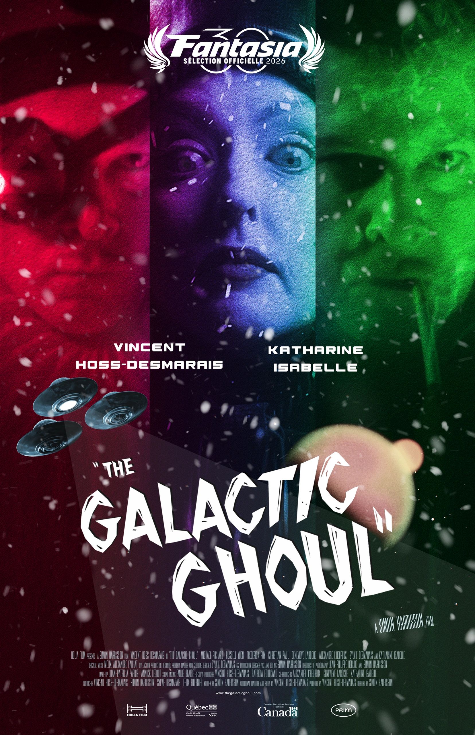 A colorful sci-fi movie poster for 'The Galactic Ghoul' featuring three faces and UFOs.