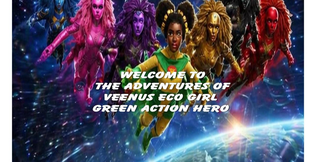 Colorful eco-heroes flying in space with text overlay.