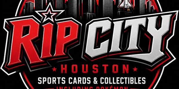 Rip City Houston logo with skyline and space shuttle, promoting sports cards and collectibles including Pokémon.