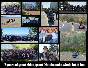 Collage of motorcycle rides and friends over 17 years.