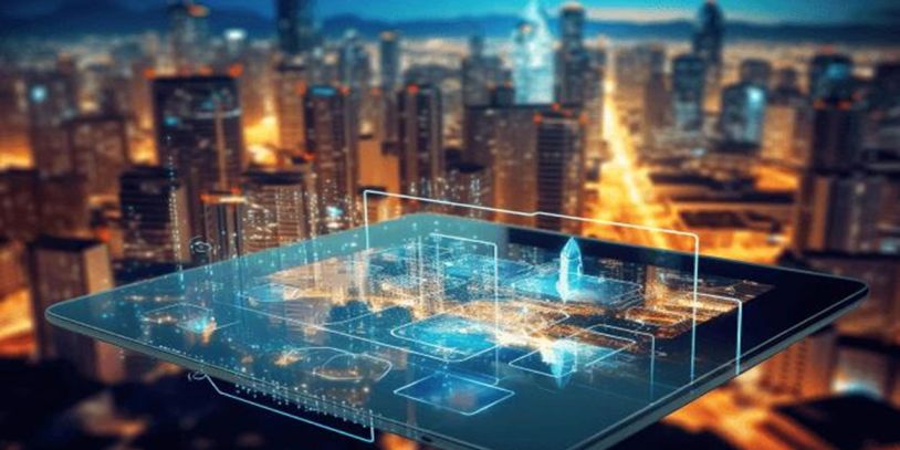 Futuristic cityscape hologram projected from a tablet device.