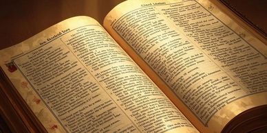 An open Bible illuminated by soft light, showing detailed scripture text.