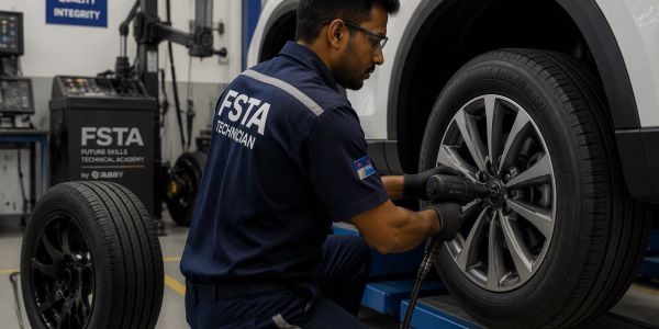 Technician working on a car tire in a workshop.