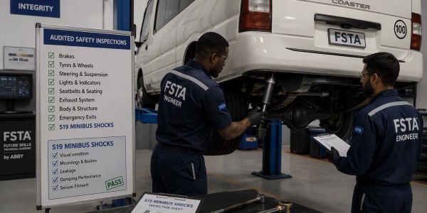 Two engineers inspecting minibus shocks in a workshop.