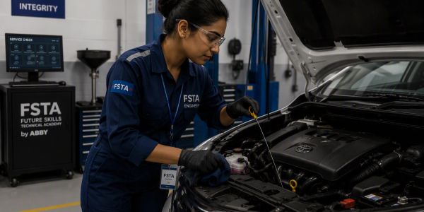 A female mechanic checks engine oil in a car.