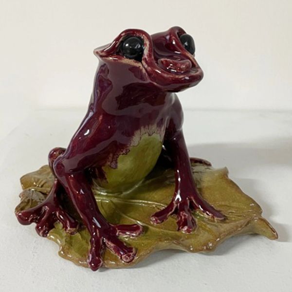 Cranberry red frog on a green leaf