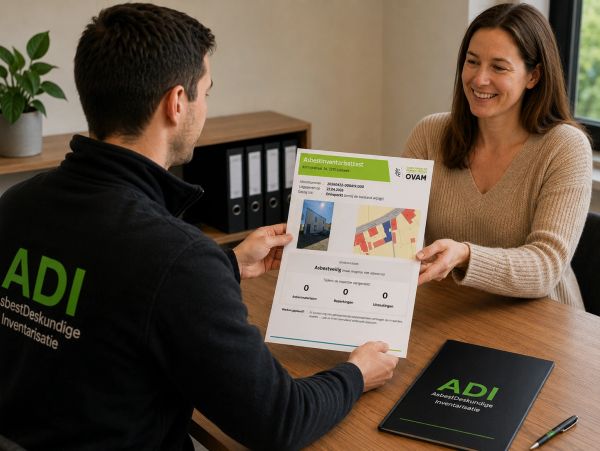 Man presenteert document aan vrouw in kantooromgeving.