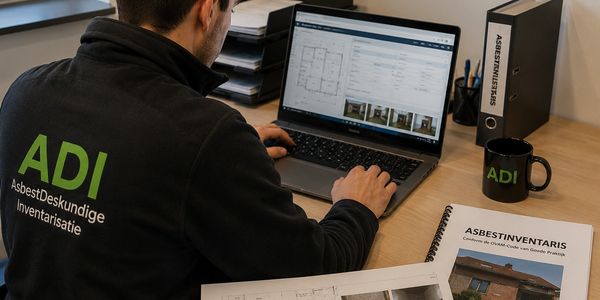 Iemand werkt aan een laptop met asbestinventarisatie.